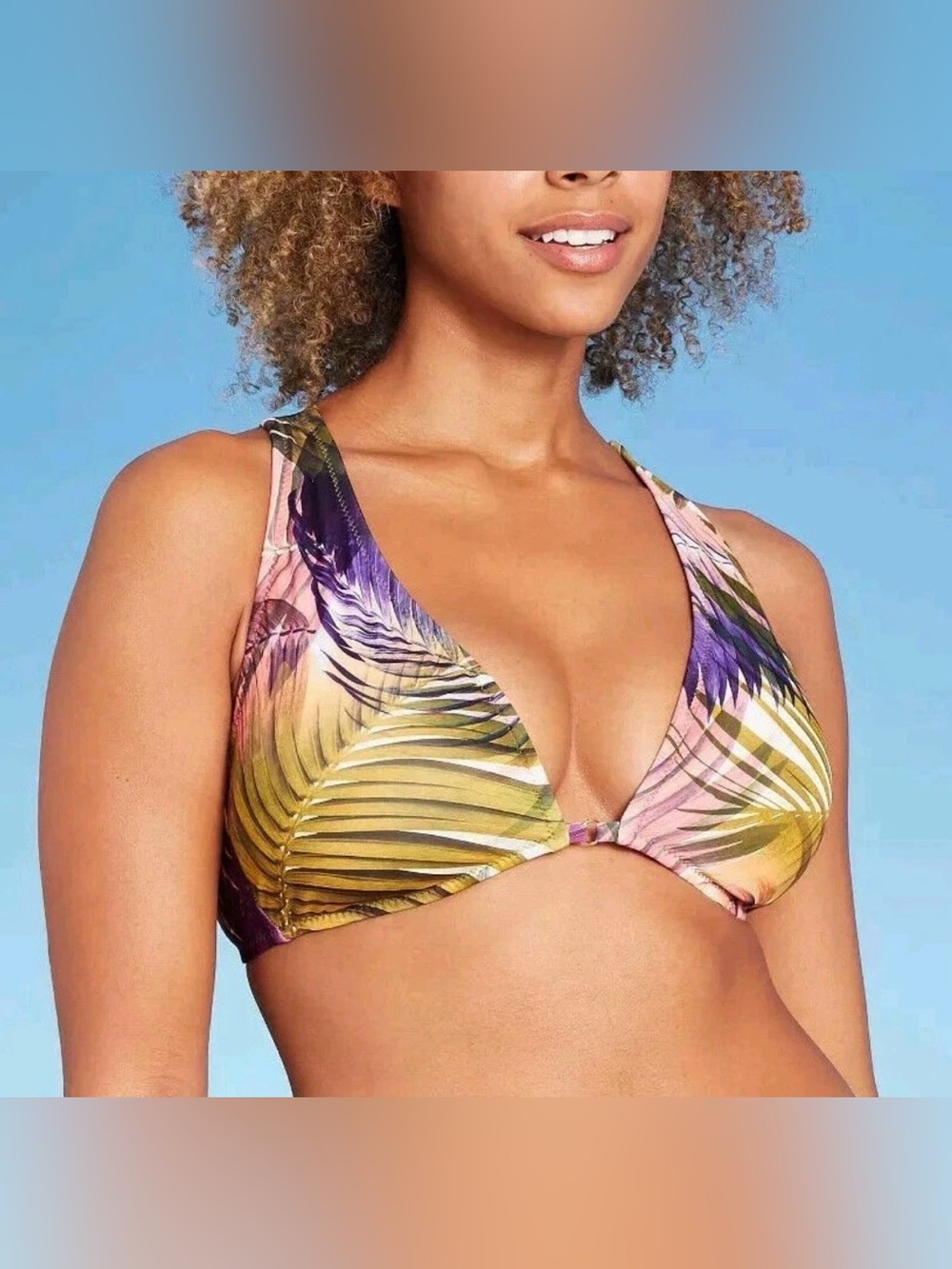 Shade & Shore Tropical Leaf Plunge Bikini Top - Yellow & Purple Sz M